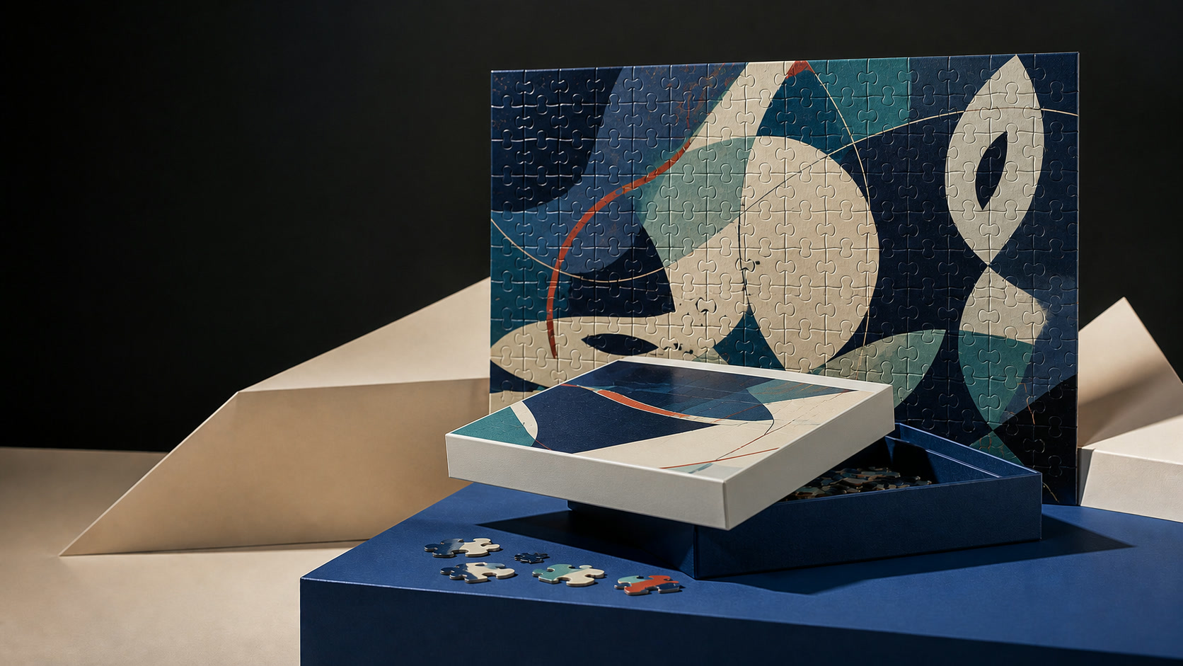 Premium custom puzzle and matching box on a blue pedestal